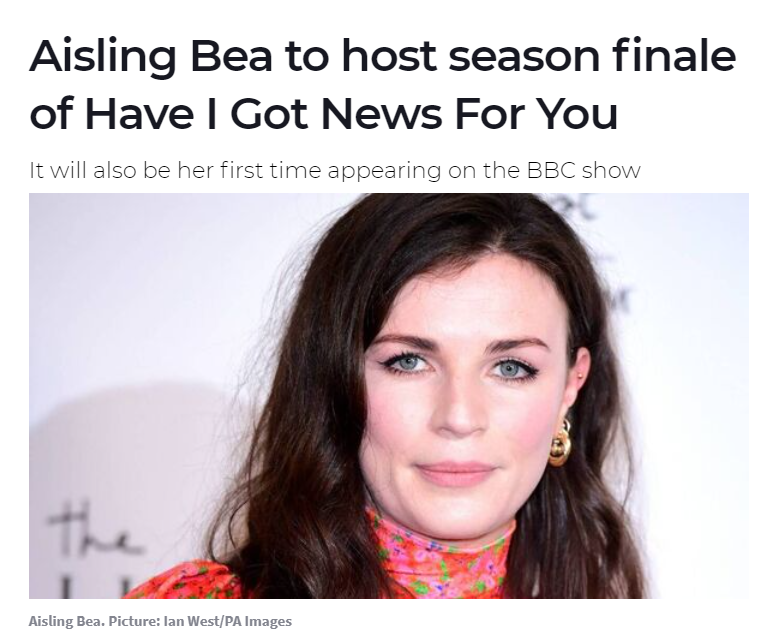 Aisling Bea to host Have I Got News For You  - May 19th, 2021